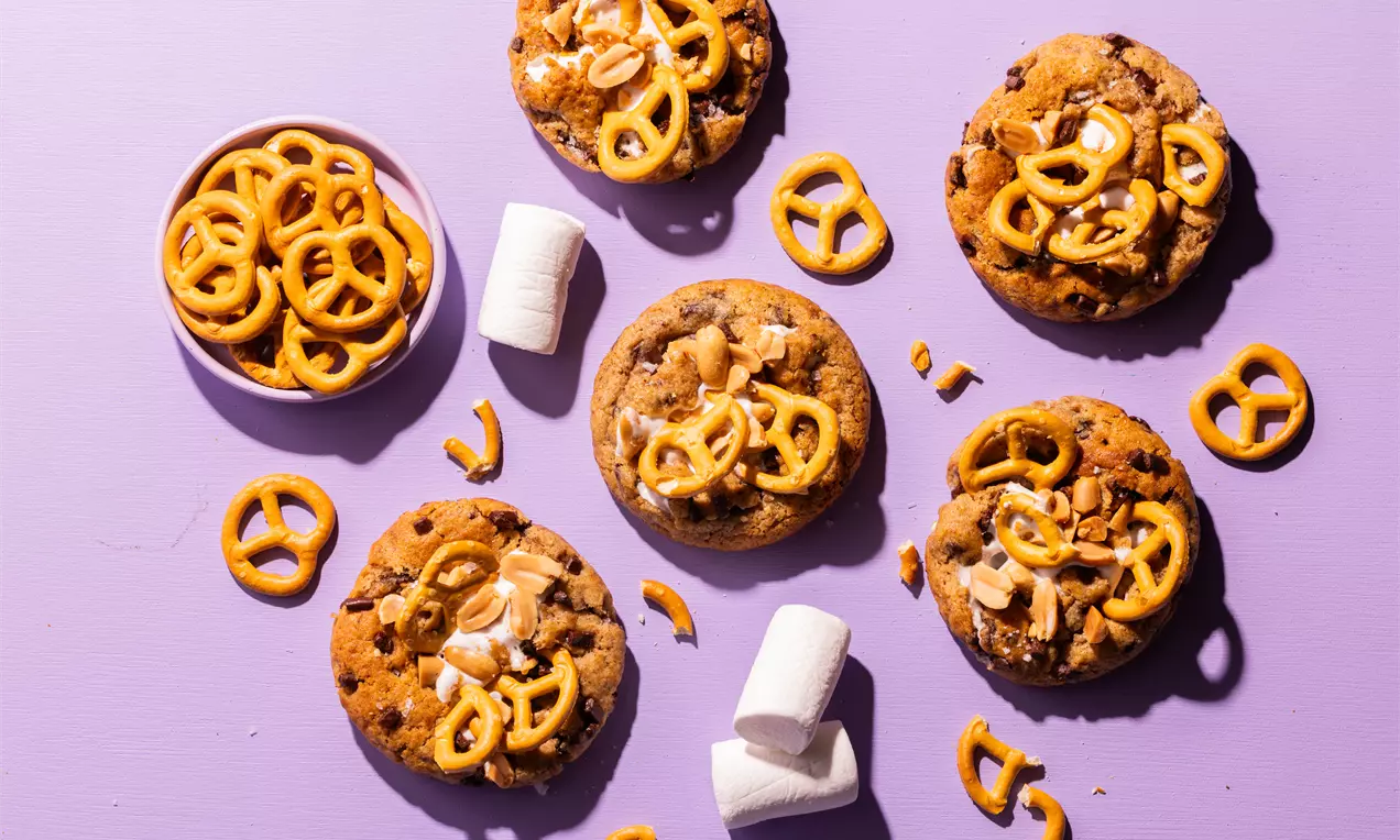 Ronde, goudbruine Rocky Road-koekjes met chocoladestukjes, pretzels, pinda's en marshmallows, verspreid op een lila oppervlak