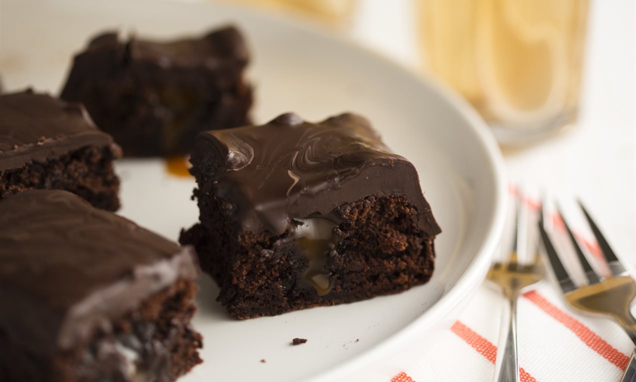 Brownie gevuld met salted caramel