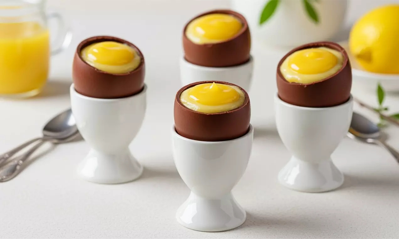 Donkerbruine halfronde chocolade-eieren gevuld met witte en oranje crème, gepresenteerd in witte eierdoppen op een gestreept tafelkleed