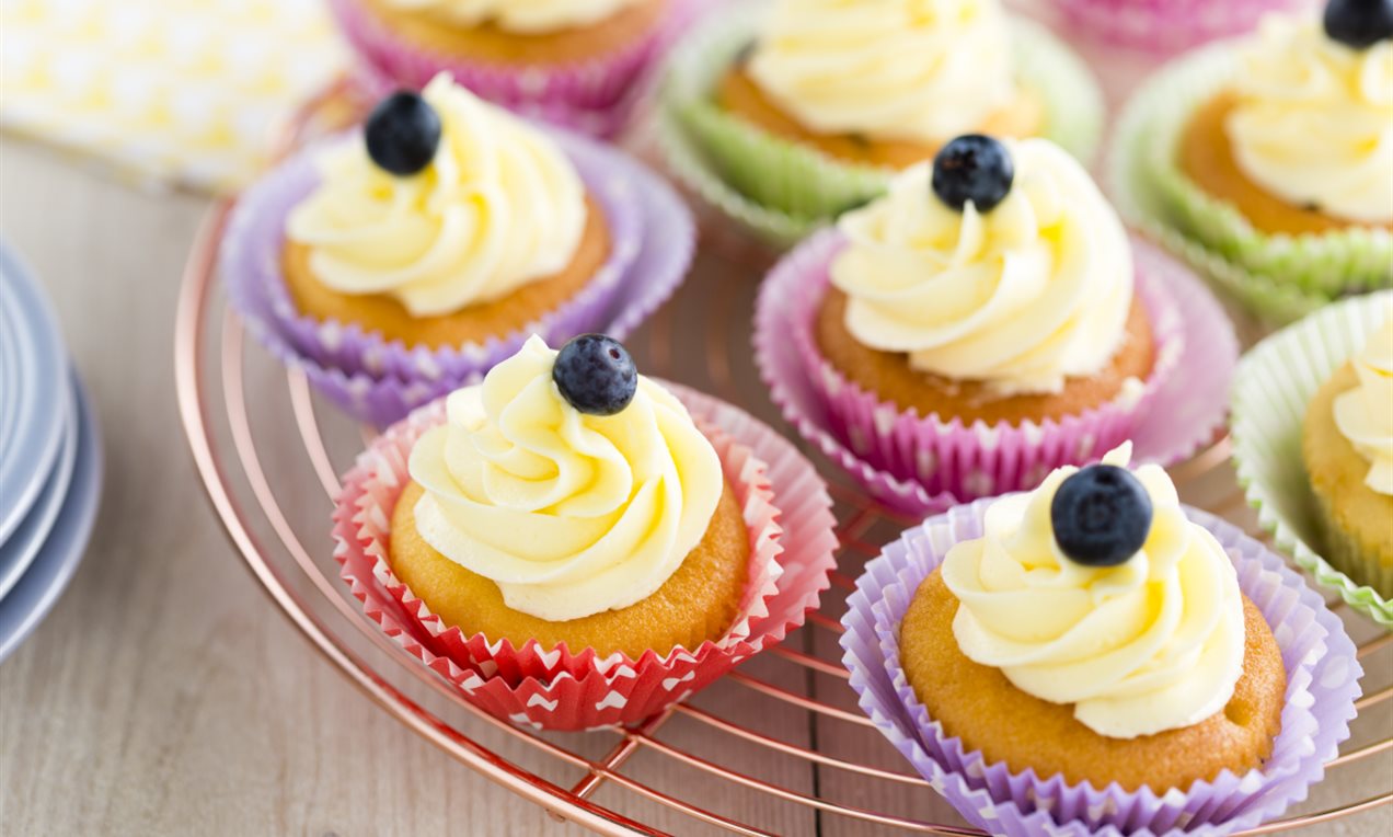 Bosbessen cupcakes met Yoghurt topping